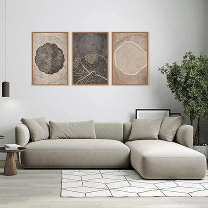 HOURIA Neutral Brown Tree Rings Framed Canvas Wall Art Set,Modern Beige Tan Wood Stump Wall Decor,Vintage Abstract Tree Spiral Art Print,Nature Black Artwork for Living Room,Bedroom,Office- 24"x36"x3