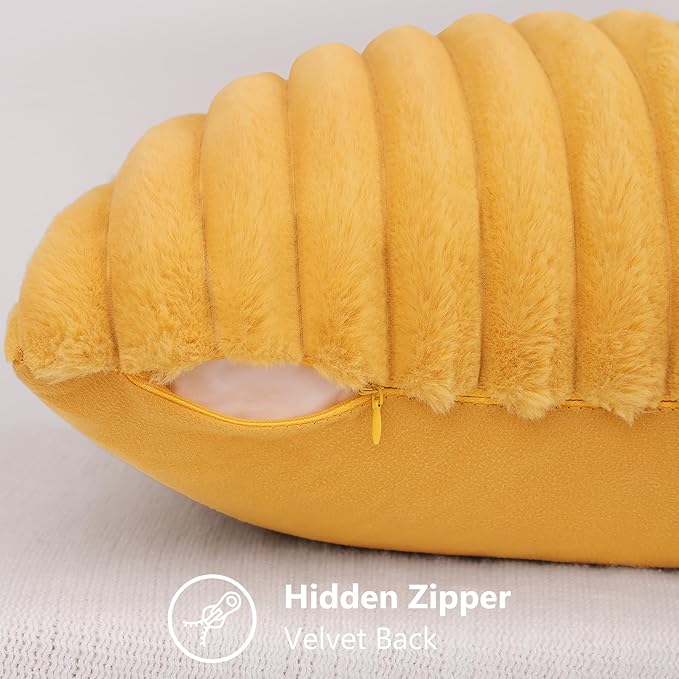 decorUhome Faux Fur Throw Pillow Covers 24x24 Set of 2, Decorative Soft Plush Striped Neutral Euro Pillow Covers with Velvet Back for Bed, Living Room Home Decor, Mustard Yellow