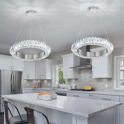 16" Ring Modern LED Dimmable Crystal Chandelier Adjustable Height Pendant Light Round Crystal Chandelier Light Fixtures for Dining Room Living Room Kitchen Island Silver