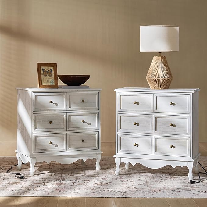 HULALA HOME 3 Drawer Nightstand with Charging Station Drawer Organizer with Wood Legs Farmhouse Solid Wood Set of 2, White