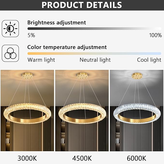24" Ring Modern LED Dimmable Crystal Chandelier Adjustable Height Pendant Light Round Crystal Chandelier Light Fixtures for Dining Room Living Room Kitchen Island Gold
