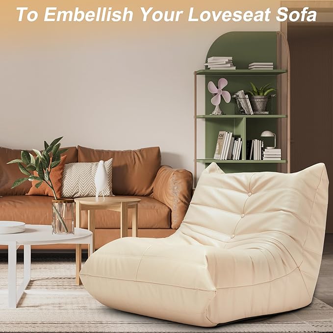 Hobestluk Giant Bean Bag Chair Lazy Floor Sofa, Fireside Sofa for Adults, Big Beanbag Faux Leather Armless Chair for Living Room Bedroom Dorm Office (Beige, Single)
