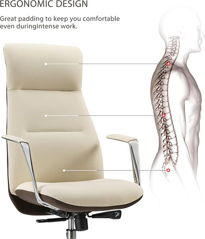 EUREKA ERGONOMIC Royal Slim Executive High Back Beige Leather Office Chair, Home Desk Chair for Adults, Big and Tall with Wheels, Swivel Rolling