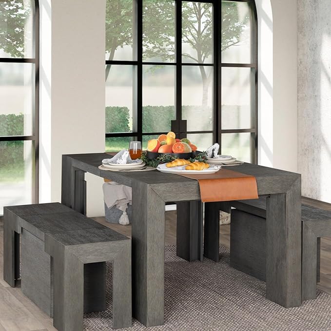 Transformer Expandable Dining Table Set – Solid Wood Table for 4 to 12 with 2 Extendable Benches, Space-Saving Adjustable Dining Room Furniture (Dark Grey, Table + 2 Benches)
