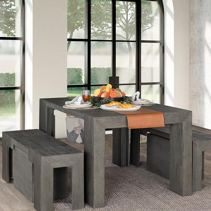 Transformer Expandable Dining Table Set – Solid Wood Table for 4 to 12 with 2 Extendable Benches, Space-Saving Adjustable Dining Room Furniture (Dark Grey, Table + 2 Benches)