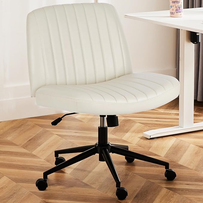 DUMOS Criss Cross Chair with Wheels, Legged Office Armless Wide Desk Seat Dual-Purpose Base, Adjustable Swivel Leather Task Vanity Home Desk Seating, Cream