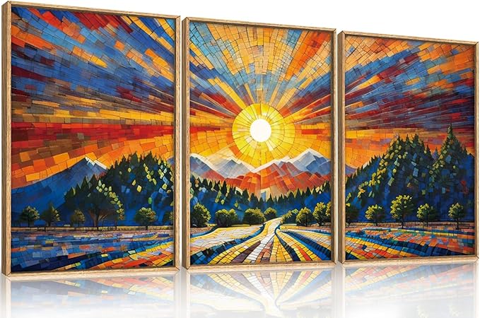 HOURIA Large Natural Mountain Forest Framed Canvas Wall Art Set,Wilderness Sunrise Wall Decor,Boho Pine Tree Square Ridge Artwork,Modern Field Art Print for Living Room, Office, Farmhouse- 16"x24"x3
