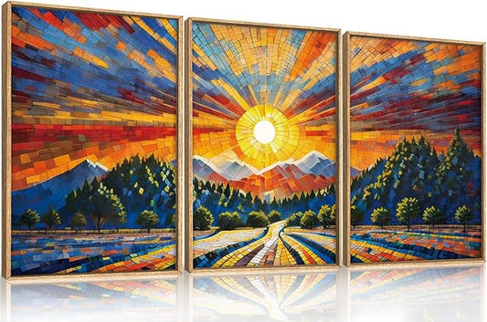 HOURIA Large Natural Mountain Forest Framed Canvas Wall Art Set,Wilderness Sunrise Wall Decor,Boho Pine Tree Square Ridge Artwork,Modern Field Art Print for Living Room, Office, Farmhouse- 16"x24"x3