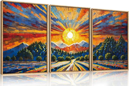 HOURIA Large Natural Mountain Forest Framed Canvas Wall Art Set,Wilderness Sunrise Wall Decor,Boho Pine Tree Square Ridge Artwork,Modern Field Art Print for Living Room, Office, Farmhouse- 24"x36"x3