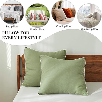 Simple&Opulence 100% Linen Euro Sham Covers with Piping Trim, 26"x26" Pillow Cover Set of 2, Breathable Pillow Shams for Bed Couch Decorative Cushions, Sage Green