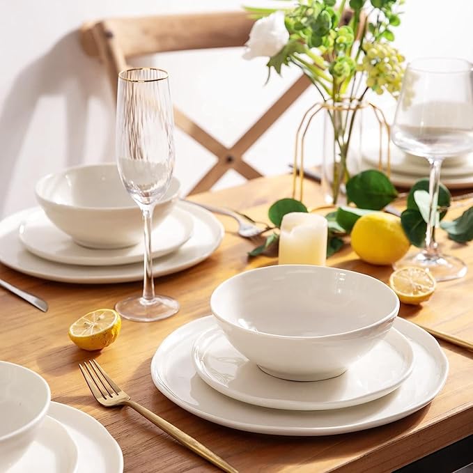 LERATIO Ceramic Dinnerware Sets for 8,Porcelain Plates and Bowls Sets with Wavy Edge,Microwave & Dishwasher & Oven Safe,Light Weight & Scratch Resistant Dishes Sets-Service for 8 (24pcs)-White