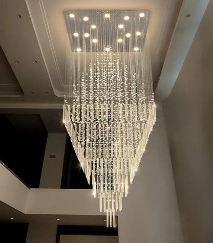 W40 x H120 Glam Chandelier with LED Bulbs Square Chandeliers, Crystal Raindrop High Ceiling Pendant Light for Entrance Large Villa Chandelier Foyer Lighting Fixtures Silver