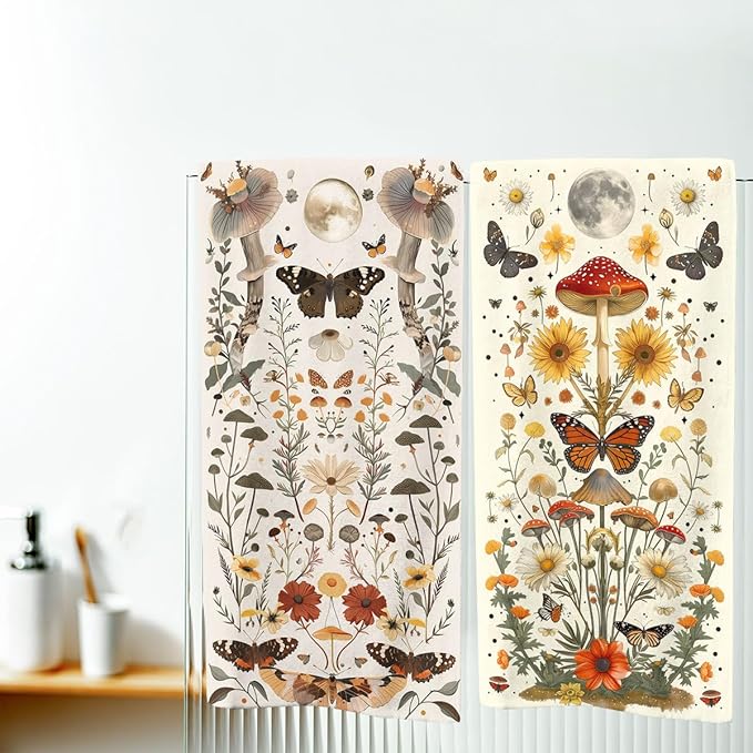 Butterfly Kitchen Dish Towels Set of 2 Absorbent Hand Towels Boho Moth Mushroom Moon Phase Watercolor