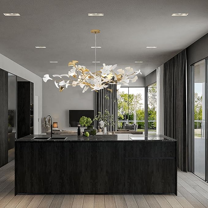 39" Dining Room Modern Leaf Chandelier, Gold Branch Chandeliers with Ceramic Ginkgo Leaves, 5-Light Hanging Brass Pendant Light Fixture for Living Room, Dining Room, Foyer High Ceiling