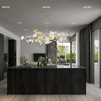 39" Dining Room Modern Leaf Chandelier, Gold Branch Chandeliers with Ceramic Ginkgo Leaves, 5-Light Hanging Brass Pendant Light Fixture for Living Room, Dining Room, Foyer High Ceiling