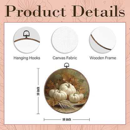 Hxlac Vintage Fall Pumpkin Maple Leaves Round Wall Art Framed, Vintage Autumn Pumpkin Round Wall Decor, Fall Halloween Hanging Canvas Prints Wall Sculptures for Farmhouse Home Decor, 10x10 Inch