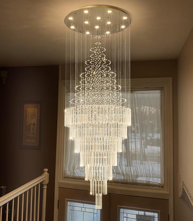 W32 x H120 Glam Chandelier with LED Bulbs Crystal Raindrop High Ceiling Pendant Light for Entrance Large Villa Chandelier Foyer Lighting Fixtures Gold
