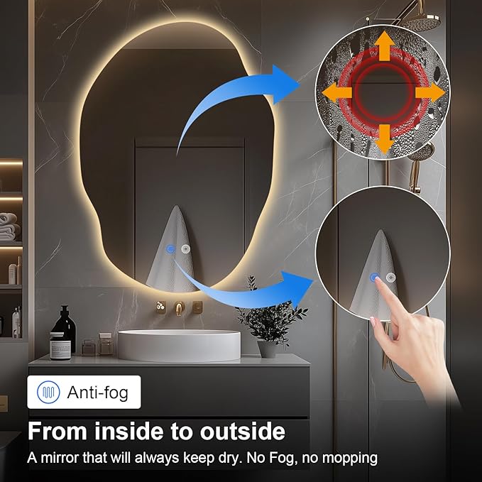 LED Bathroom Mirror with Lights,Asymmetrical Led Bathroom Vanity Mirror for Wall with Front and Backlit, Anti Fog, 3 Colors and Dimmable Light,[Horizontal/Vertical] 35" H x 25" W