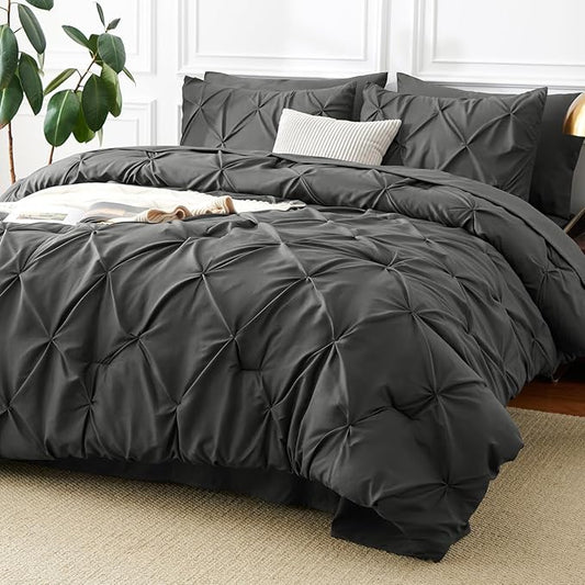 CozyLux King Size Comforter Set Dark Grey, 7 Pieces Pintuck Bed in A Bag Gray Comforter King Size, Pinch Pleat Bedding Set with All Season Comforter, Sheets, Pillowcases & Shams