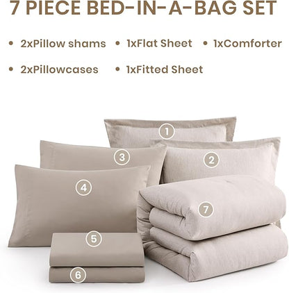 Monbix Full Size Comforter Set, Oatmeal Bedding Comforter for Full Size Bed Set Reversible, Bedding Sets Full 7 Pieces, Cationic Dyeing Bed in a Bag with Comforter, Sheets, Pillowcases & Shams