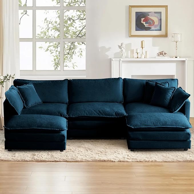 SoarFlash Chenille Sectional Sofa, Comfy L Shaped Modular Coush Sofa with Ottoman, Modern 3 Seat Couch Deep Seat Sofa Set for Living Room,Deep Blue