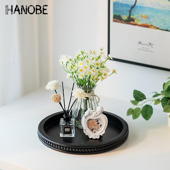 Hanobe Decorative Serving Tray Wood: Black Bead Round Tray for Rustic Wooden Trays Decor Farmhouse Kitchen Counter Circle Tray Vintage Centerpiece for Living Room Home Organizer