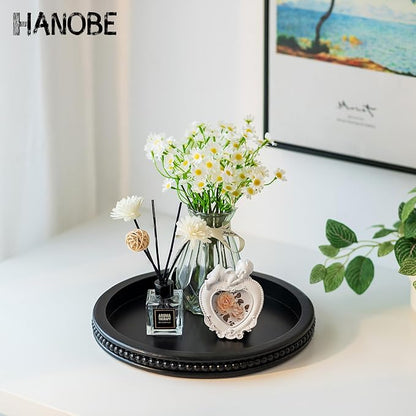 Hanobe Decorative Serving Tray Wood: Black Bead Round Tray for Rustic Wooden Trays Decor Farmhouse Kitchen Counter Circle Tray Vintage Centerpiece for Living Room Home Organizer