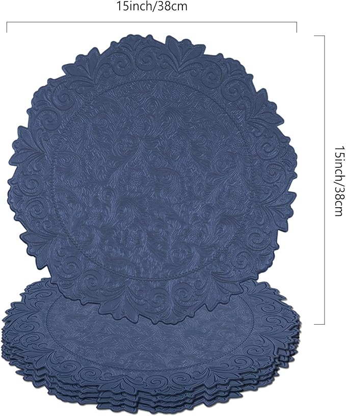 Noctiflorous Round Faux Leather 15 Inch Placemats Set of 4 Waterproof Wipeable Heat Resistant Tablemat for Dining Table Kitchen Non Slip Oilproof Table Place Mat for Indoor Outdoor(A Blue, 4)