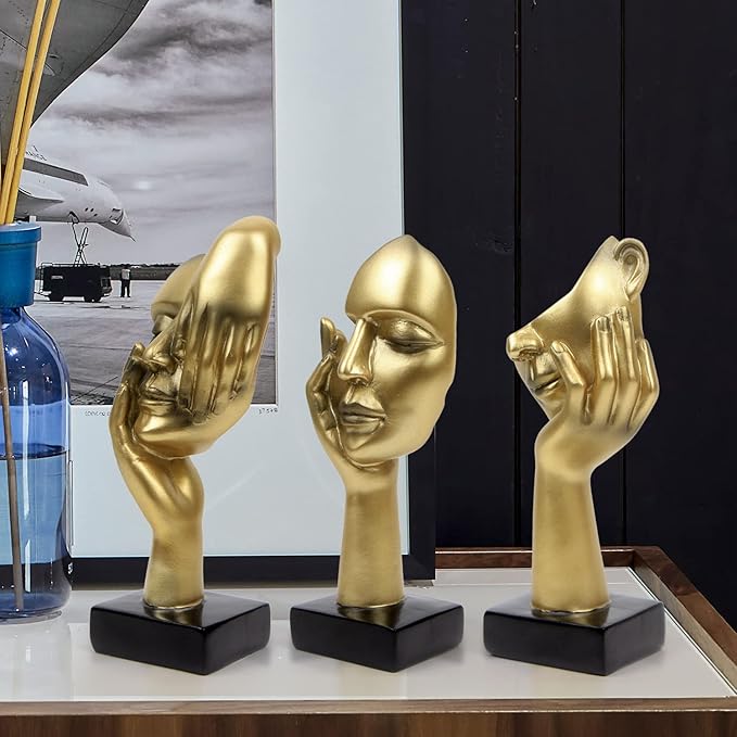 3 Pcs Thinker Statue,Modern Home Resin Sculptures, Decorative Objects Collectible Figurines for Home Office Bookshelf Desktop Decor(Golden)