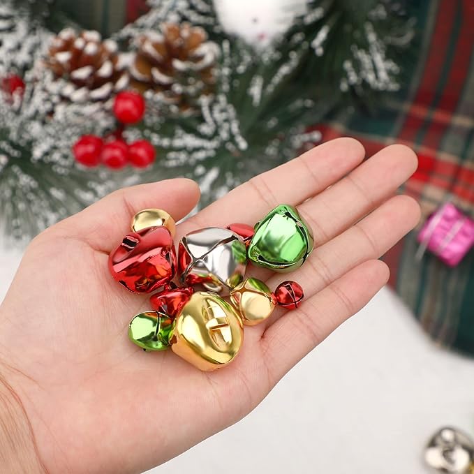 Augshy 240 Pieces Colorful Jingle Bells 4 Colors Mixed Craft Bell Bulk for Christmas Home and Pet Decorations Xmas Decor Party Favors Supplies (0.4/0.6/1 inch)