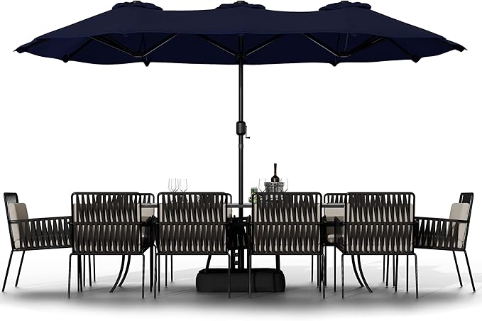 Shintenchi 16FT Large Patio Umbrella with Base, Outdoor Double-Sided Rectangular Umbrella, Market Umbrella with Crank Handle for Poolside Lawn Garden, Dark Blue