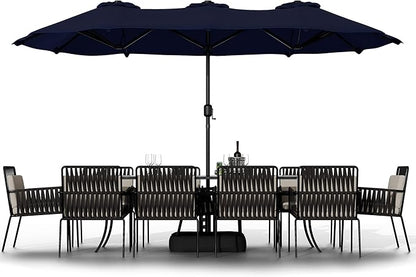Shintenchi 16FT Large Patio Umbrella with Base, Outdoor Double-Sided Rectangular Umbrella, Market Umbrella with Crank Handle for Poolside Lawn Garden, Dark Blue