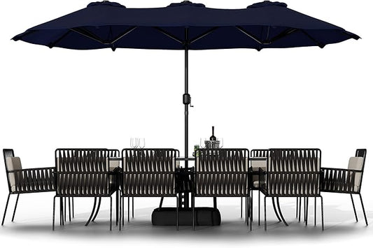 Shintenchi 16FT Large Patio Umbrella with Base, Outdoor Double-Sided Rectangular Umbrella, Market Umbrella with Crank Handle for Poolside Lawn Garden, Dark Blue