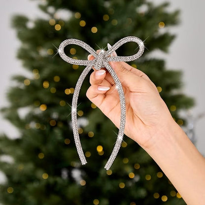 FLAIR GIFTS 6 Pcs 4.3" x 6" 2025 Christmas Bows for Tree Decor, Silver Sparkly Glitter Rhinestone Bow Ornaments with Twist Tie for Xmas Decoration, Wreath, Garland, Gift Wrapping