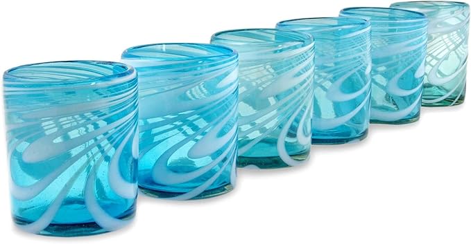 NOVICA Light Blue And White Swirl Hand Blown Glass Rock Glasses, 11 Oz, 'Whirling Aquamarine' (Set Of 6)