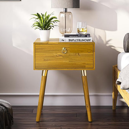 Bme Alden Wood Nightstand, Solid Wood End Table, Mid Century Modern Nightstand, Side Table with 1 Drawer, Compact for Bedroom, Living Room & Study Room, Easy Assembly, Honeyed Wood