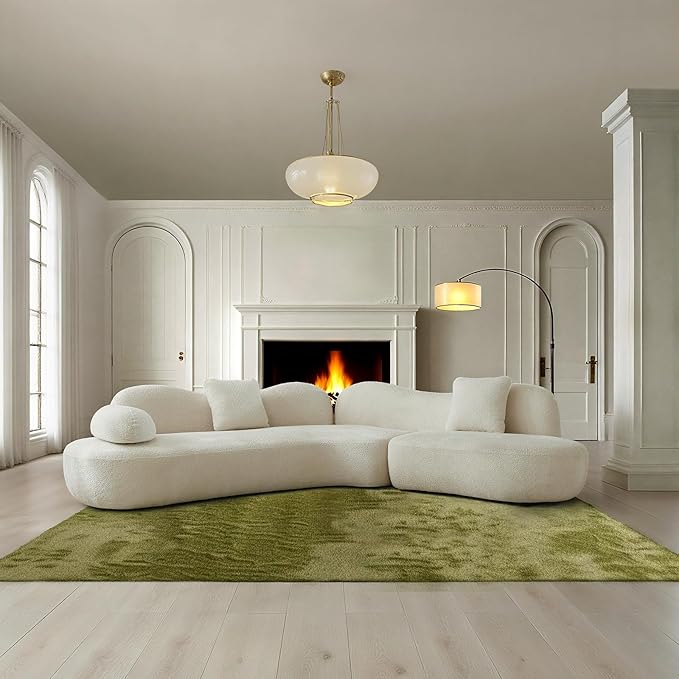 128" Luxury Curved Sectional Sofa with Ottoman, 6-Seater Boucle Couch Cloud Like Modular Sofa, Curved Sofas for Living Room, Luxury Couches with Butterfly Backrest Pillows (White)