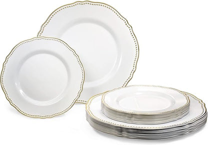 " OCCASIONS " 240 Plates Pack,(120 Guests) Heavyweight Premium Disposable Plastic Plates Set -120 x 10.25'' Dinner + 120 x 7.5'' Salad/Dessert (Rochelle White and Gold)