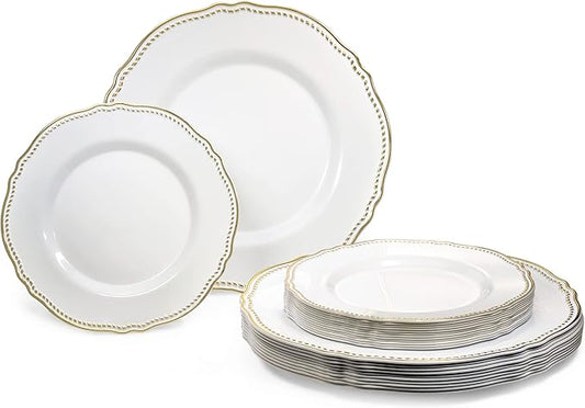 " OCCASIONS " 240 Plates Pack,(120 Guests) Heavyweight Premium Disposable Plastic Plates Set -120 x 10.25'' Dinner + 120 x 7.5'' Salad/Dessert (Rochelle White and Gold)
