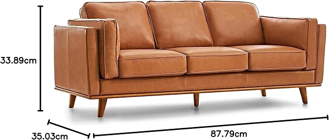 Valencia Artisan Full Leather Sofa 88” Pure Italian Nappa Leather Couch with Solid Wood Accent Ultimate Comfort, Cognac Tan