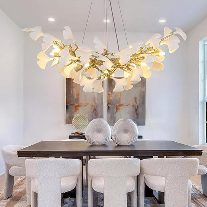 Modern Gold and White Tree Branch Chandeliers for Dining Room,36" Rectangle Ceramic Ginkgo Leaf Chandelier, Dining Chandelier,Linear Chandeliers for Dining Room, Living,Kitchen
