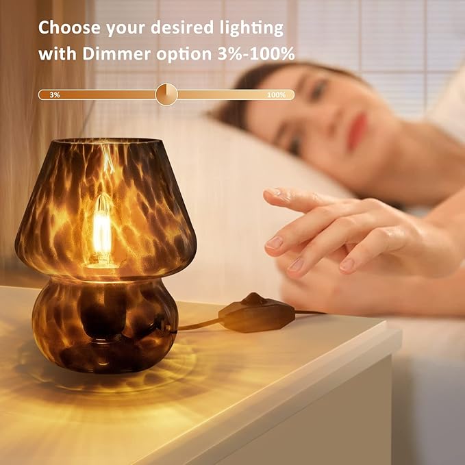ONEWISH Mushroom Lamp Small Vintage Table Lamp for Bedroom Nightstand, Bedside Lamp Translucent Glass Stepless Dimmable, Murano Aesthetic Home Decor for Living Room Kitchen(Black)