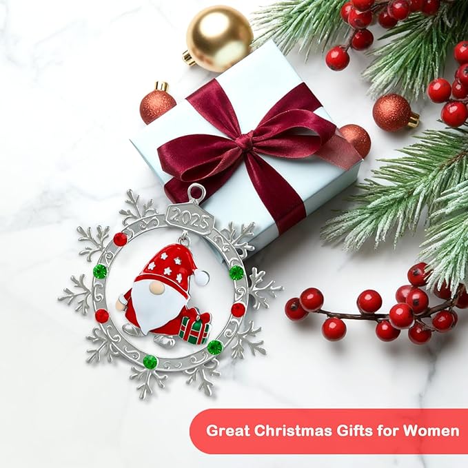 FLYAB 2025 Gnome Christmas Ornaments Xmas Gifts for Women Metal Hanging Ornament for Chirstmas Tree Decorations Snowflake Ornaments for Window Car Stocking Stuffers Birthday Gifts Party Supplies
