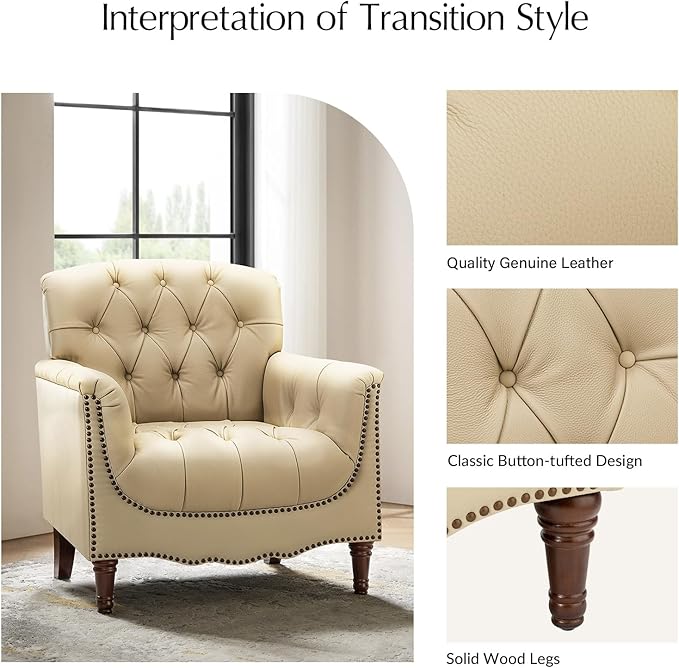 HULALA HOME Mid Century Modern Leather Club Chairs Set of 2, Top-Grain Genuine Leather Armchairs with Button-Tufted Back & Solid Wood Legs, Accent Chairs for Living Room/Bedroom/Home Office, Beige
