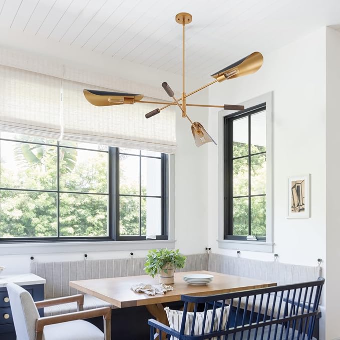 51" Industrial Farmhouse Chandelier with Antique Brass Brush Paint and Matt Black Finish, Wood Pendant Lighting Fixture for Dining Room Living Room Kitchen Island Bedroom 3-Light