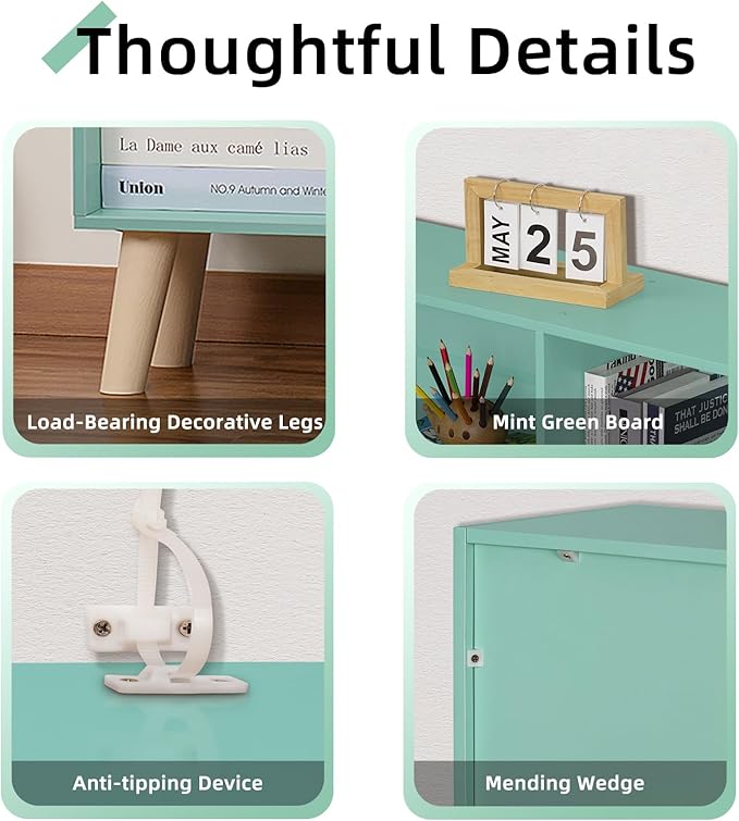 LEYAOYAO 10 Cube Bookshelf,3 Tier Modern Wide Bookcase with Legs,Mid-Century Wood Bookshelves Storage,Mint-Green Large Book Case,Freestanding Organizer Display Shelf for Bedroom,Living Room,Office