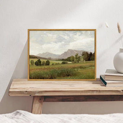 KBKBART Framed Vintage Landscape Wall Art Prints, Retro Muted Green Forest Valley Nature Wilderness Canvas Painting, Farmhouse Decor Wall Art for Bedroom, Bathroom,Vintage Wall Decor(12"x16")
