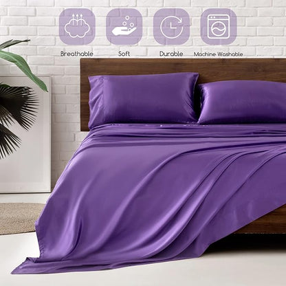 MR&HM Satin Bed Sheets, King Size Sheets Set, 4 Pcs Silky Bedding Set with 15 Inches Deep Pocket for Mattress (King, Lavender)