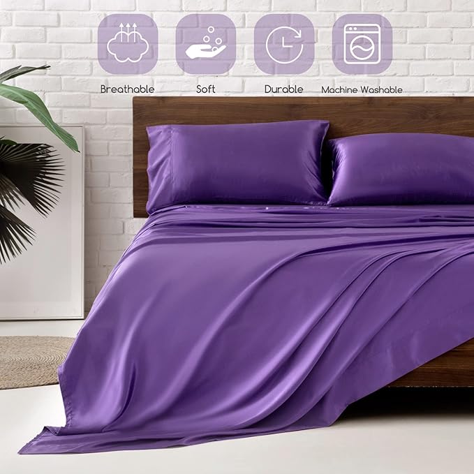 MR&HM Satin Bed Sheets, Twin XL Size Sheets Set, 3 Pcs Silky Bedding Set with 15 Inches Deep Pocket for Mattress (Twin XL, Lavender)