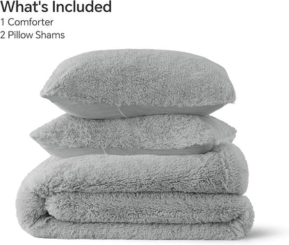 BEDELITE Grey Fluffy Comforter Set Queen Size, Fuzzy Faux Fur Comforter Bedding Set, 3Pieces Soft Warm Shaggy Bed Set (1 Comforter & 2 Pillowcases) as Gifts for Women